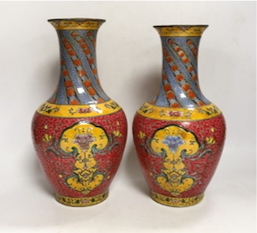 A boxed pair of Chinese famille rose baluster vases, 29cm